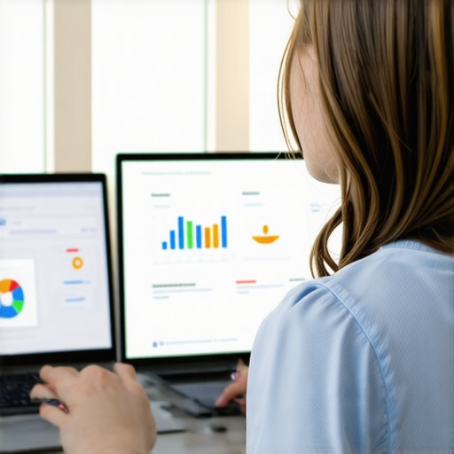 Business owner working on local SEO optimization with charts and digital tools