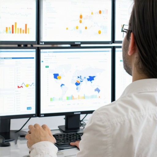 Digital marketer analyzing local SEO analytics on screens.