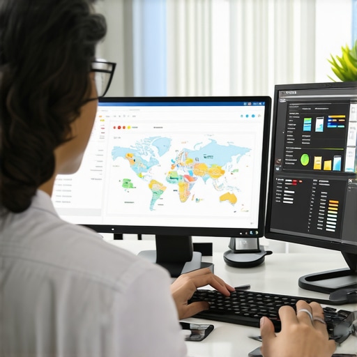 Person analyzing local SEO data on a computer with maps and analytics charts