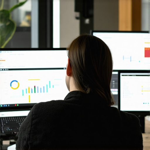 Digital marketing expert reviewing local SEO analytics and schema implementation on multiple monitors.