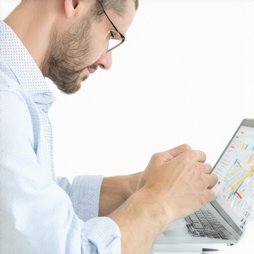 Business owner analyzing maps SEO analytics on a laptop in an office