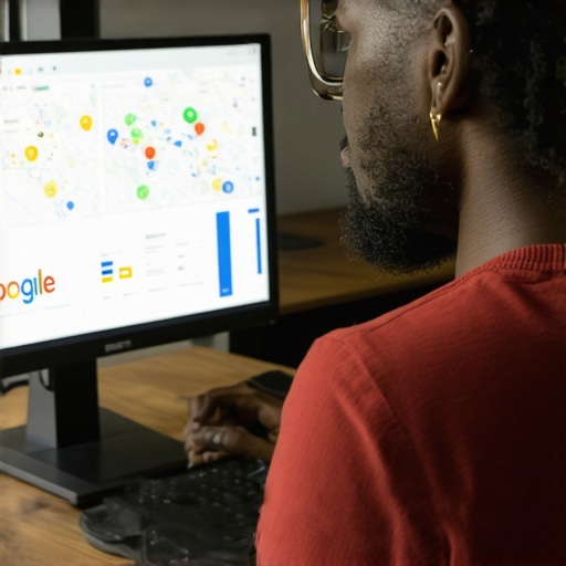 Strategist reviewing Google Maps rankings and SEO analytics on a laptop.