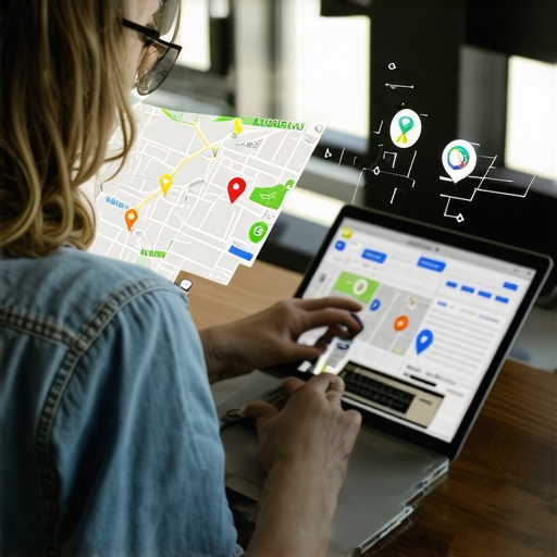 Business Owner Optimizing Google Maps Profile Business owner working on laptop with maps and SEO icons