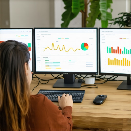 Person analyzing local SEO performance data on multiple monitors.