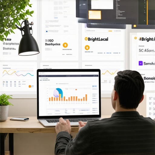 SEO tools on a professional workspace Laptop screens showing SEO analytics dashboards for local optimization.