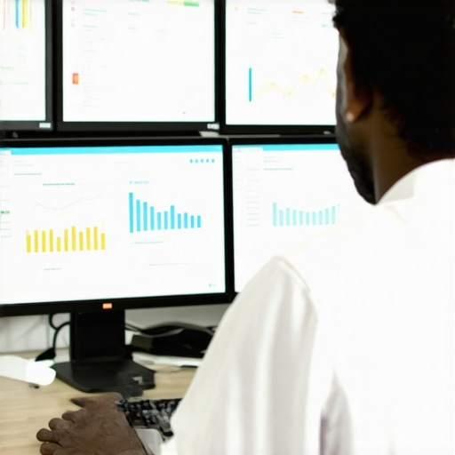 A person analyzing local SEO metrics on multiple computer screens