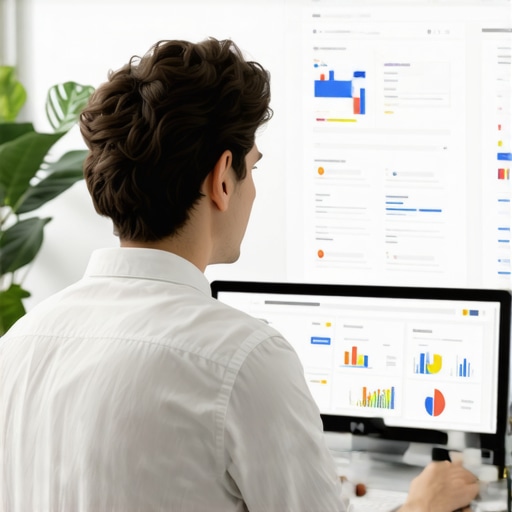 Business owner editing business profile with charts showing growth