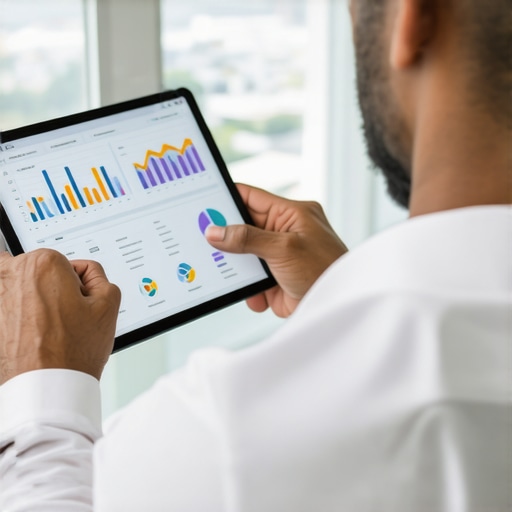 Marketing strategist reviewing local SEO analytics on tablet device with city background.