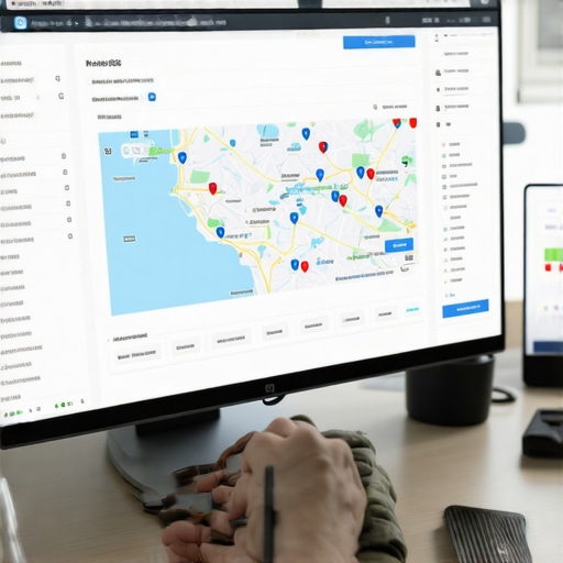 Person reviewing local SEO analytics on a computer with maps and graphs.