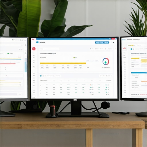 Efficient Local SEO Monitoring Setup A professional workspace with screens showing SEO analytics and review management dashboards.