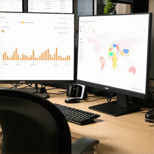 A desk setup showing screens with local search rankings, citations, and maps optimization dashboards.