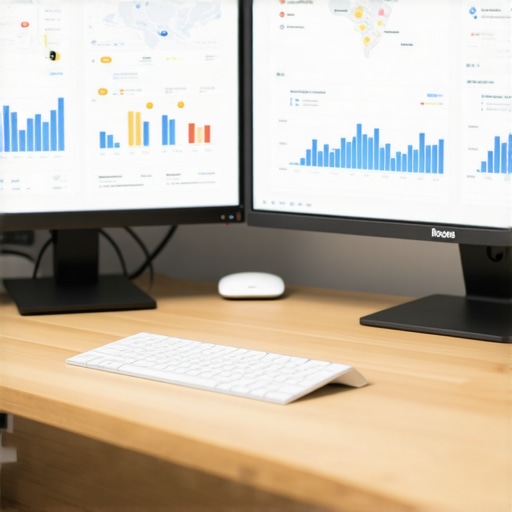 SEO Workspace with Maps Analysis Tools Person analyzing local SEO maps rankings using multiple monitoring tools on computer screens.