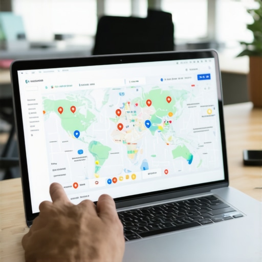 Using SEO Tools for Local Map Optimization Business owner analyzing local SEO metrics on a laptop in an office setting