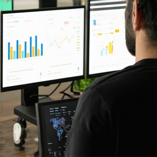 A professional analyzing local SEO performance using analytics software on multiple monitors.
