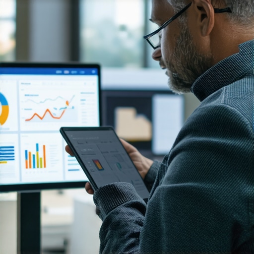 Businessman reviewing SEO performance data on a tablet in office.