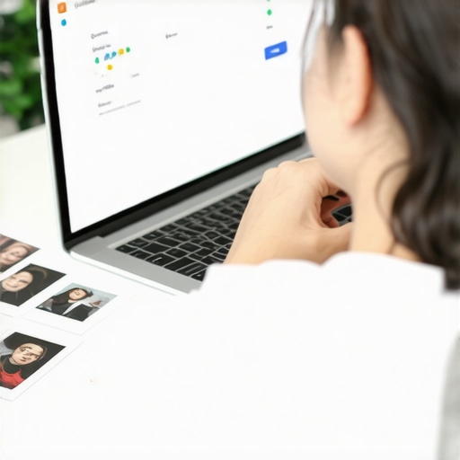 Human working on authenticating Google Business Profile with documents and images at a desk