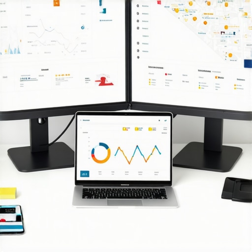 Desk setup showcasing SEO dashboards and maps for local business optimization.