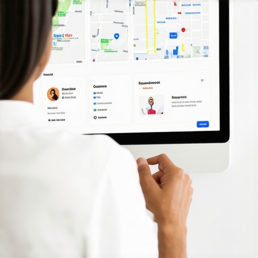 Digital marketer editing Google My Business profile on computer with analytics charts.