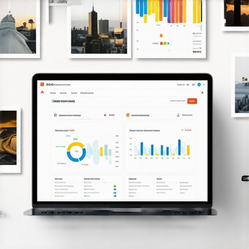 Laptop with SEO analytics dashboard showing local ranking metrics and geo-tagged images.