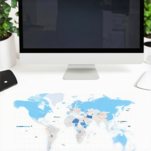 A workspace with multiple monitors displaying SEO analytics, maps, and data graphs