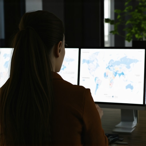 Expert analyzing geographic data on multiple screens to improve local map rankings.