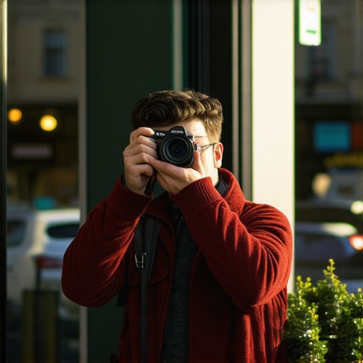 Business owner capturing storefront photos for Google My Business profile