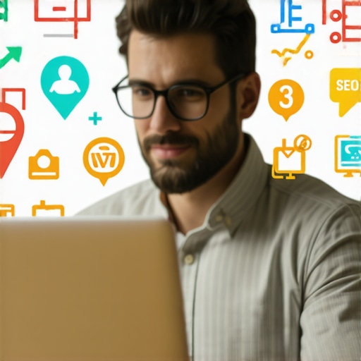 A person optimizing a Google Business Profile with business icons and local maps.
